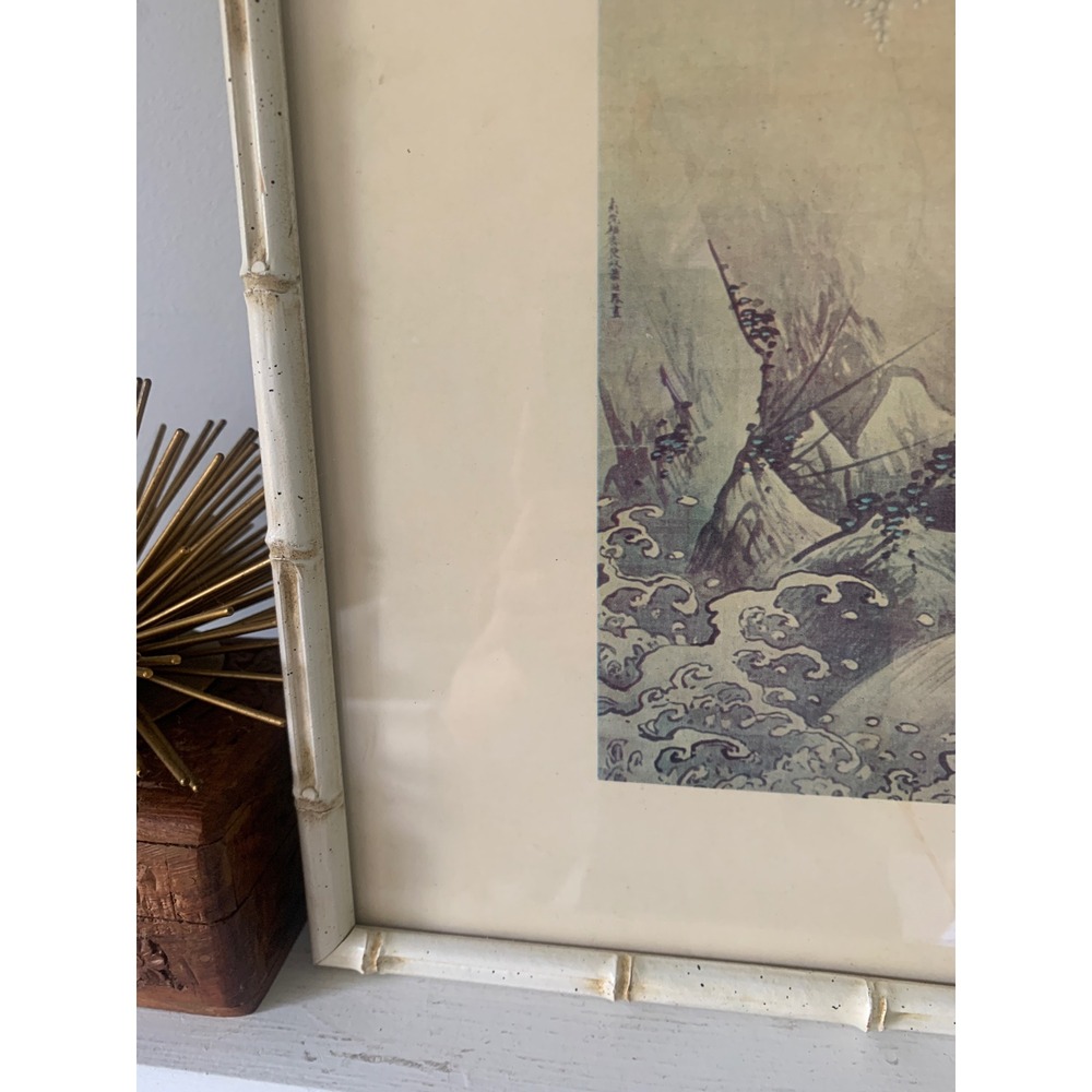 Vintage Chinoiserie Bird Bamboo Print White Faux Bamboo Frame Hollywood Regency - Picture 3 of 12